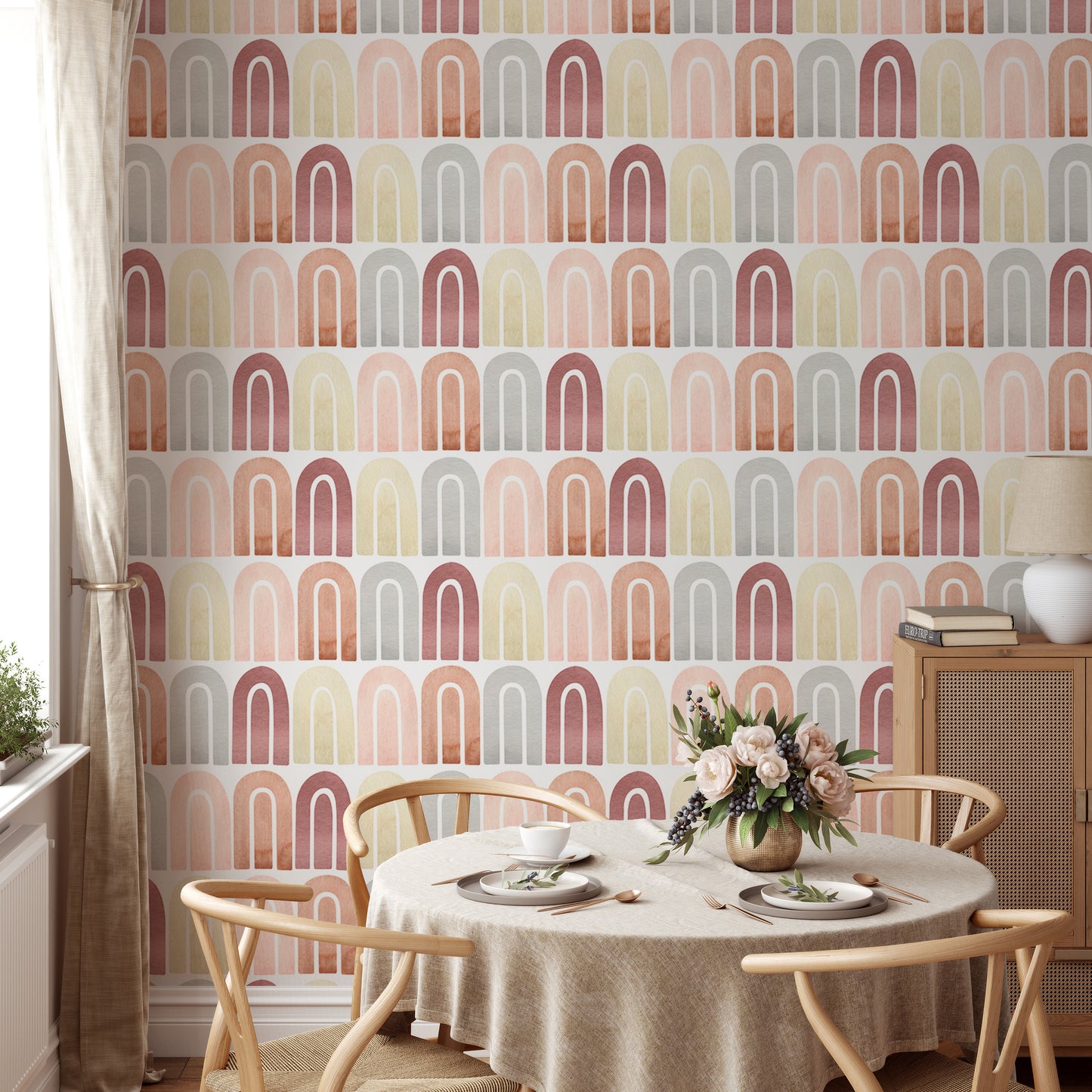 Artistic pastel peel and stick Boho wallpaper decor.