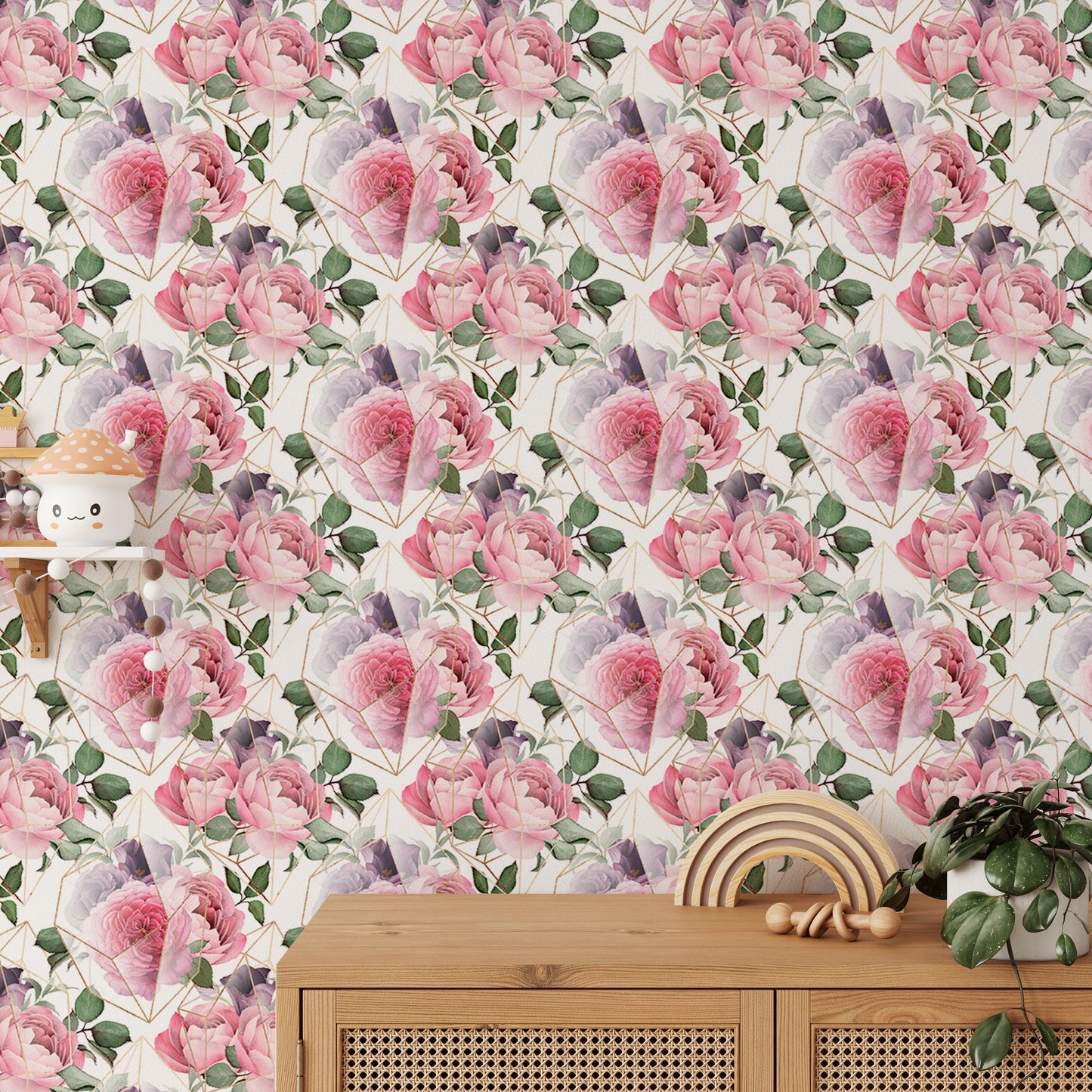 Watercolor Pink Flower Gold Line Texture Wallpaper For Walls