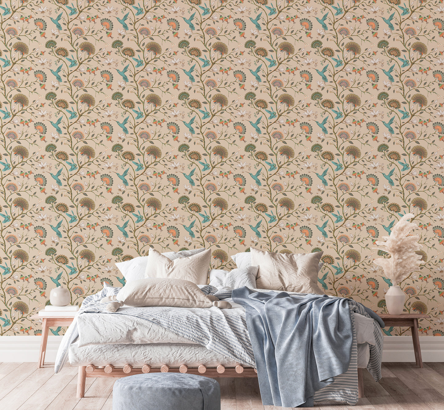 Stylized Flowers and Humming Birds Blossom Garden Wallpaper