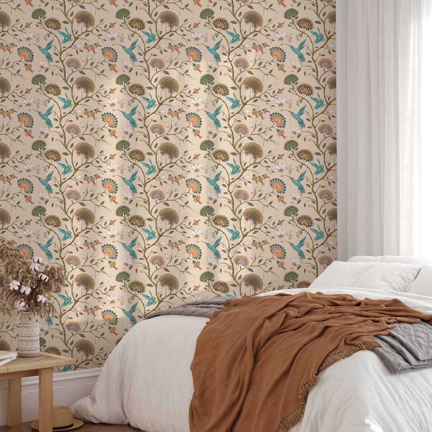 Stylized Flowers and Humming Birds Blossom Garden Wallpaper