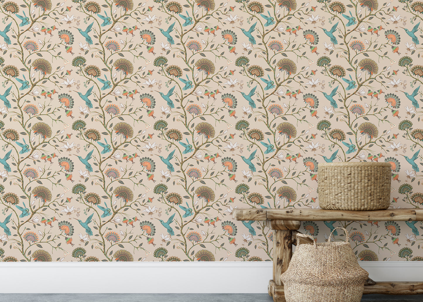 Stylized Flowers and Humming Birds Blossom Garden Wallpaper