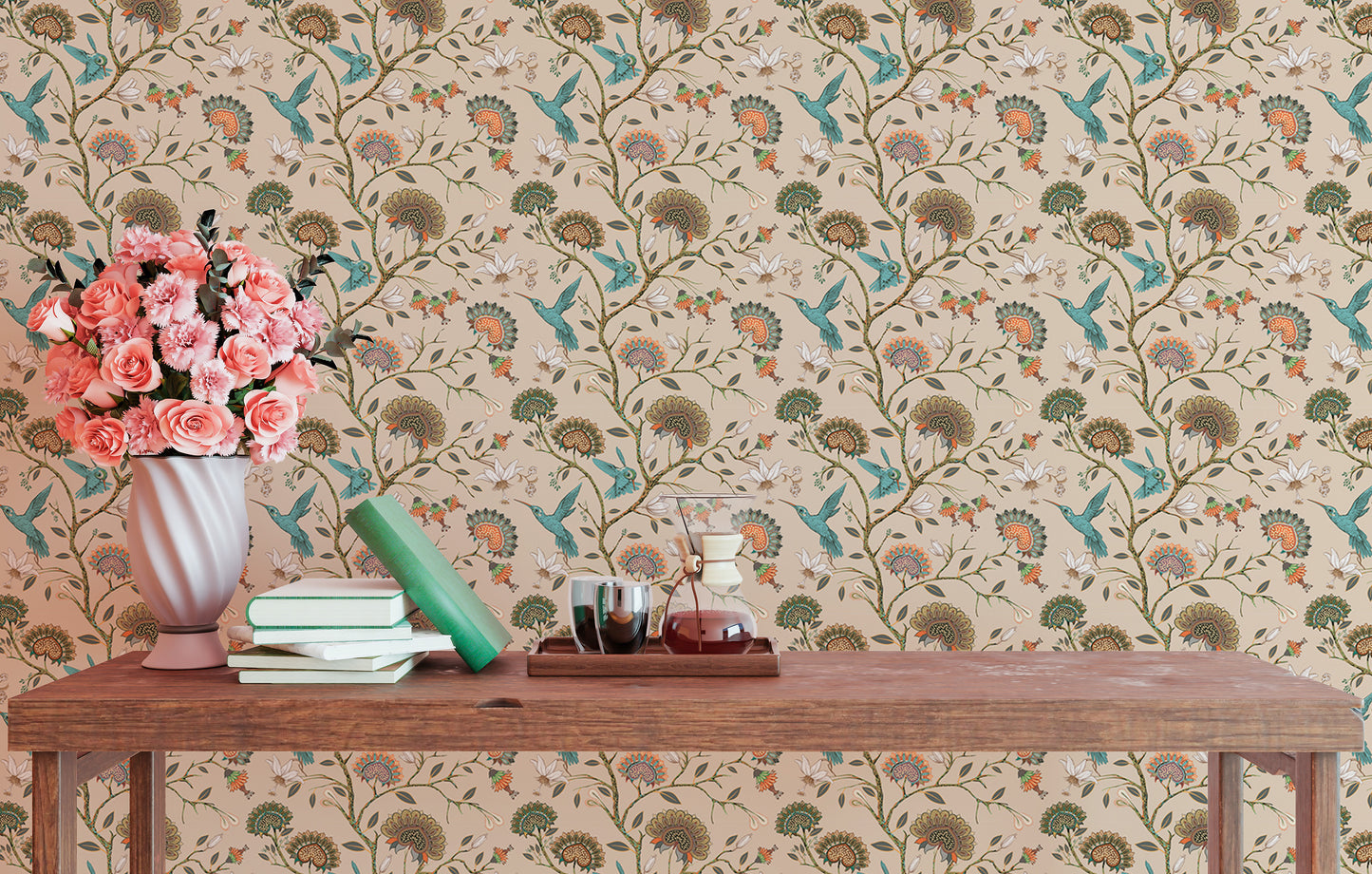 Stylized Flowers and Humming Birds Blossom Garden Wallpaper