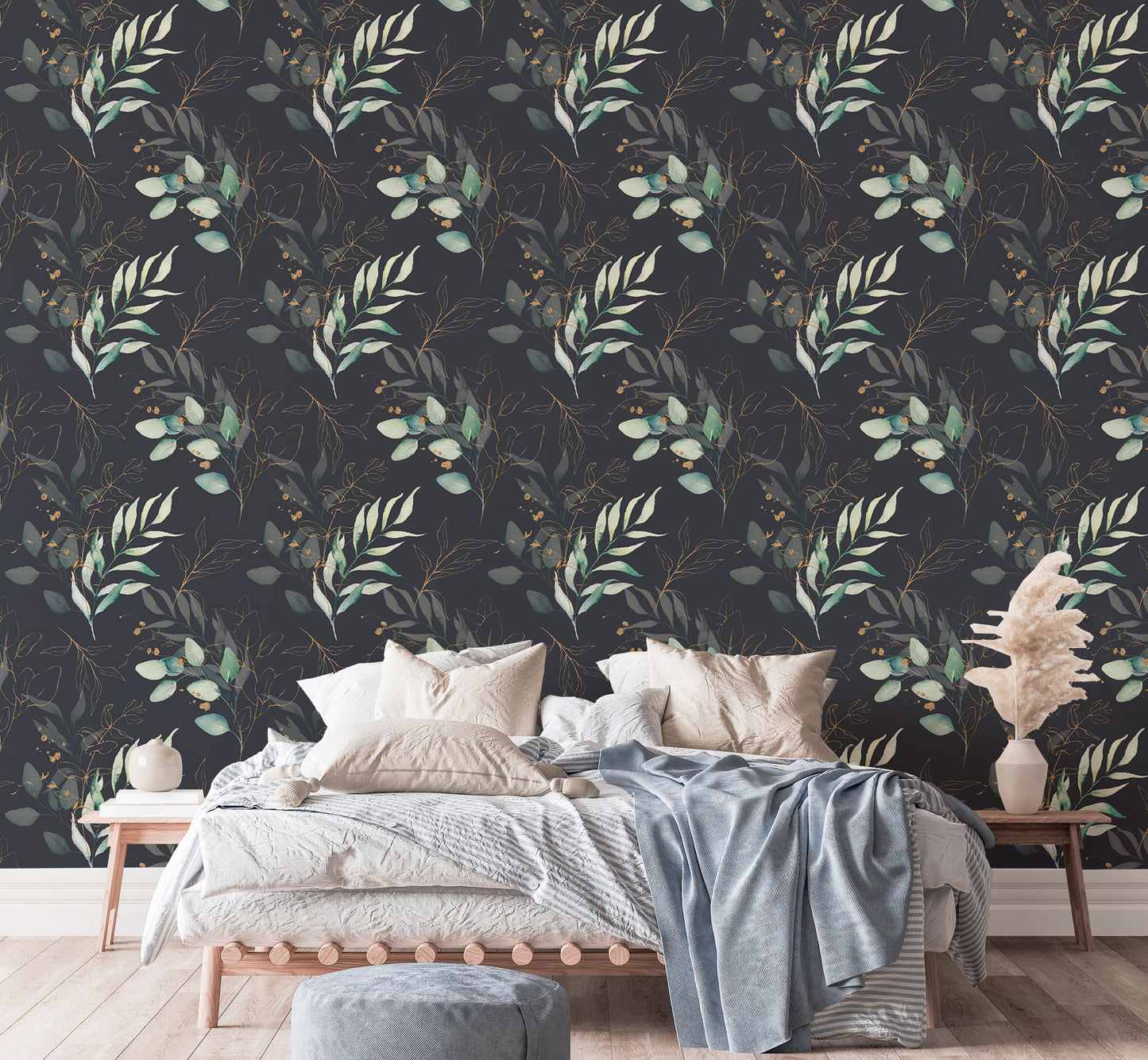 Seamless Watercolor Floral and Leaves Black Background Wallpaper