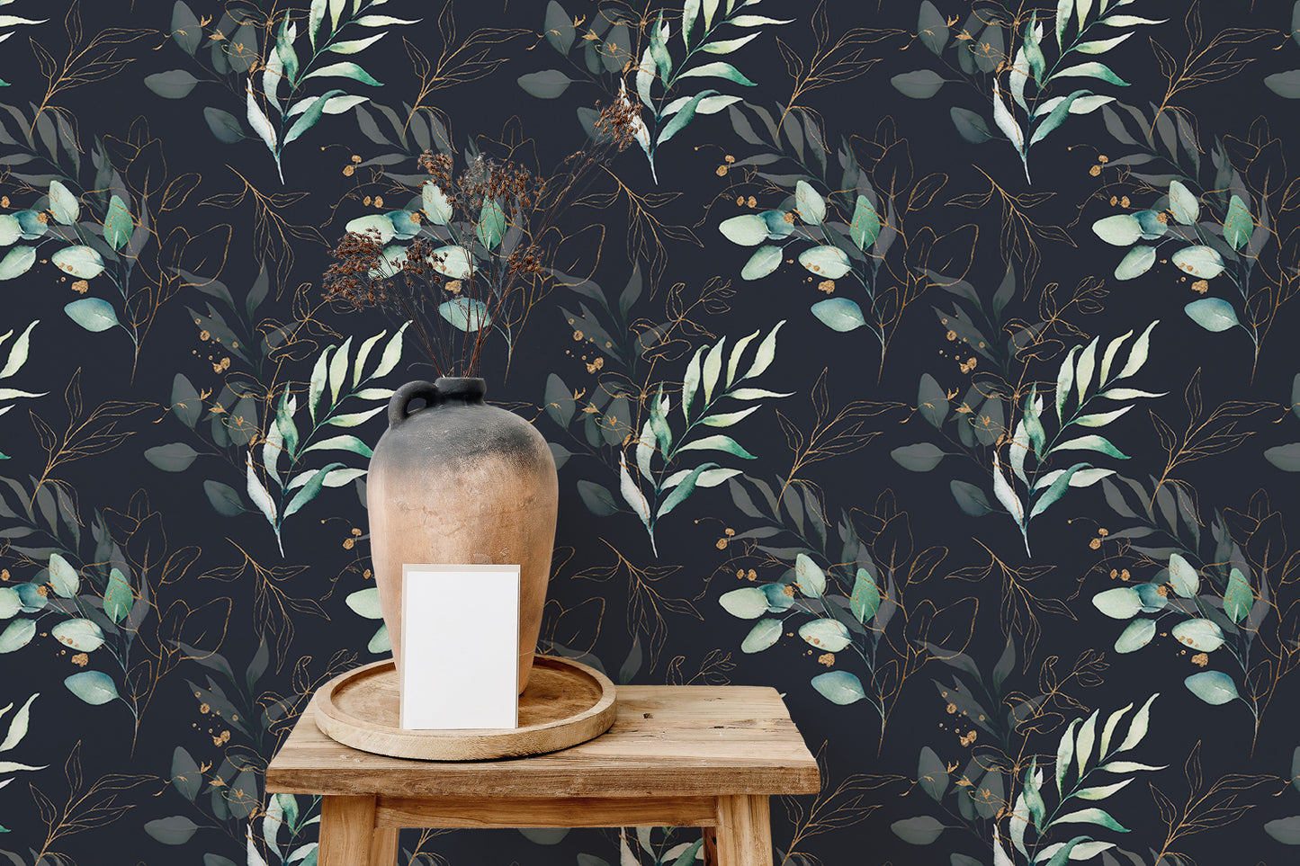 Seamless Watercolor Floral and Leaves Black Background Wallpaper