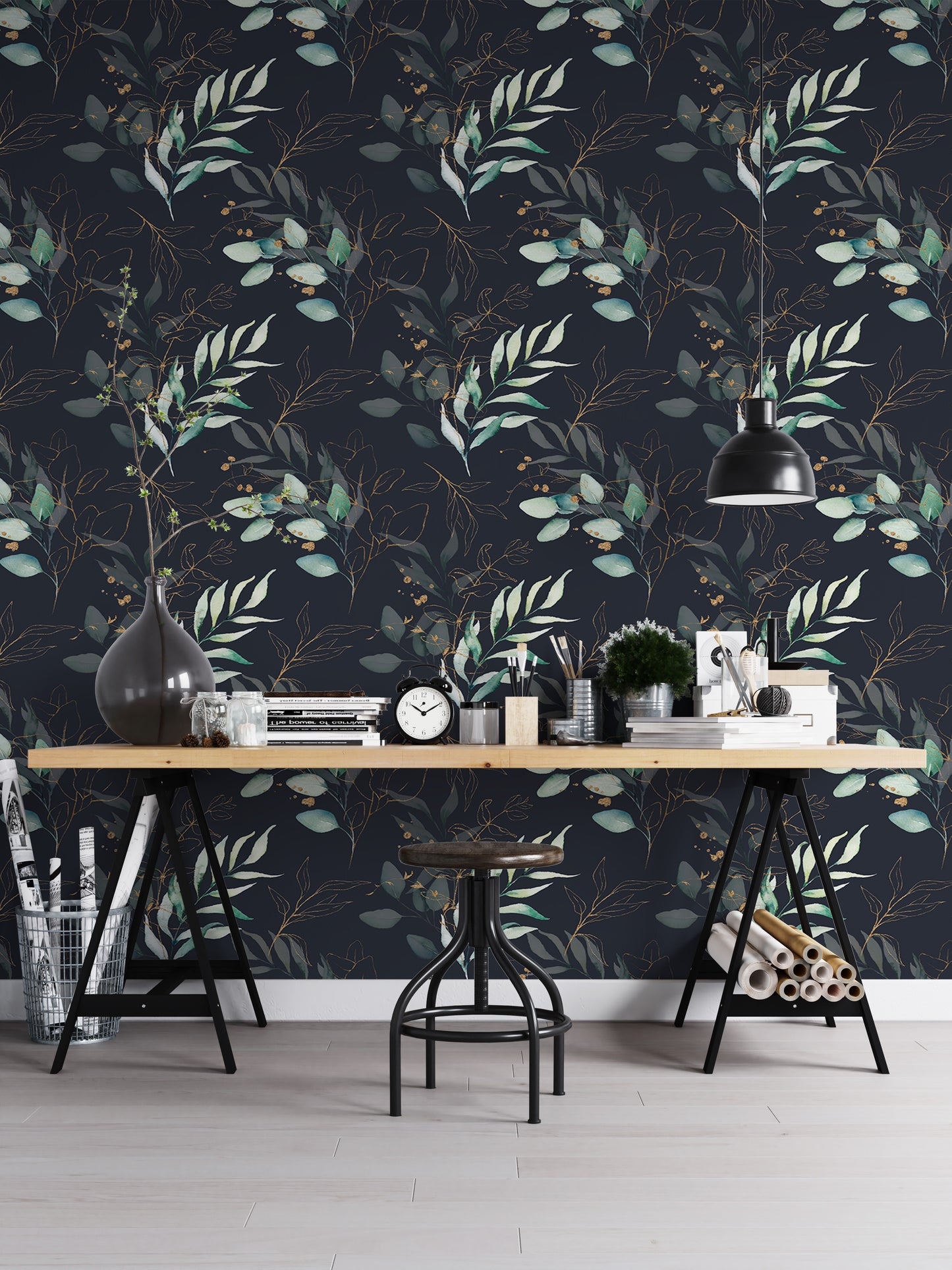 Seamless Watercolor Floral and Leaves Black Background Wallpaper