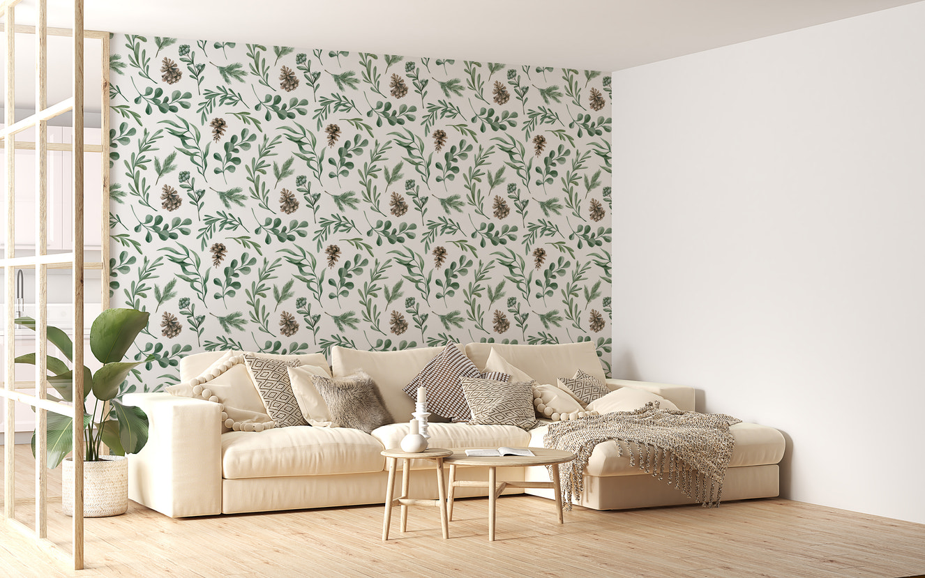 Watercolor Winter Green Leaves and Branches Decor Wallpaper