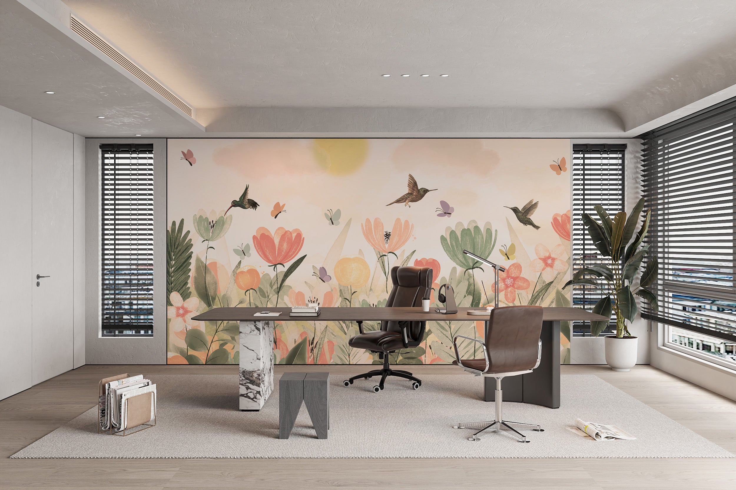 Hummingbird wallpaper mural featuring floral haven design