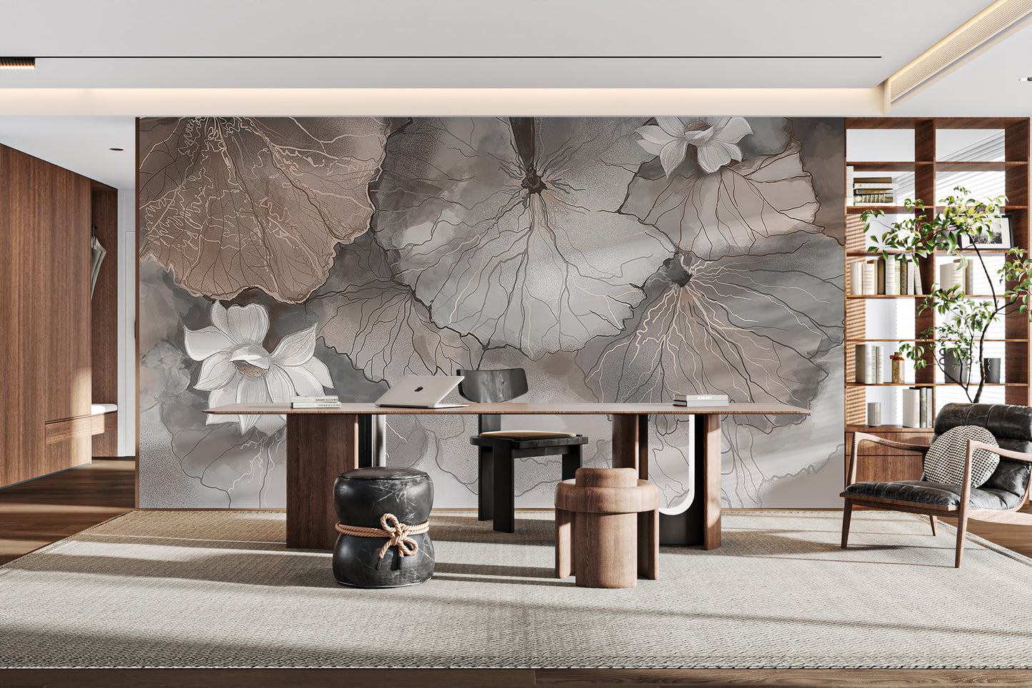 Misty lotus leaves wall mural for serene, nature-inspired decor