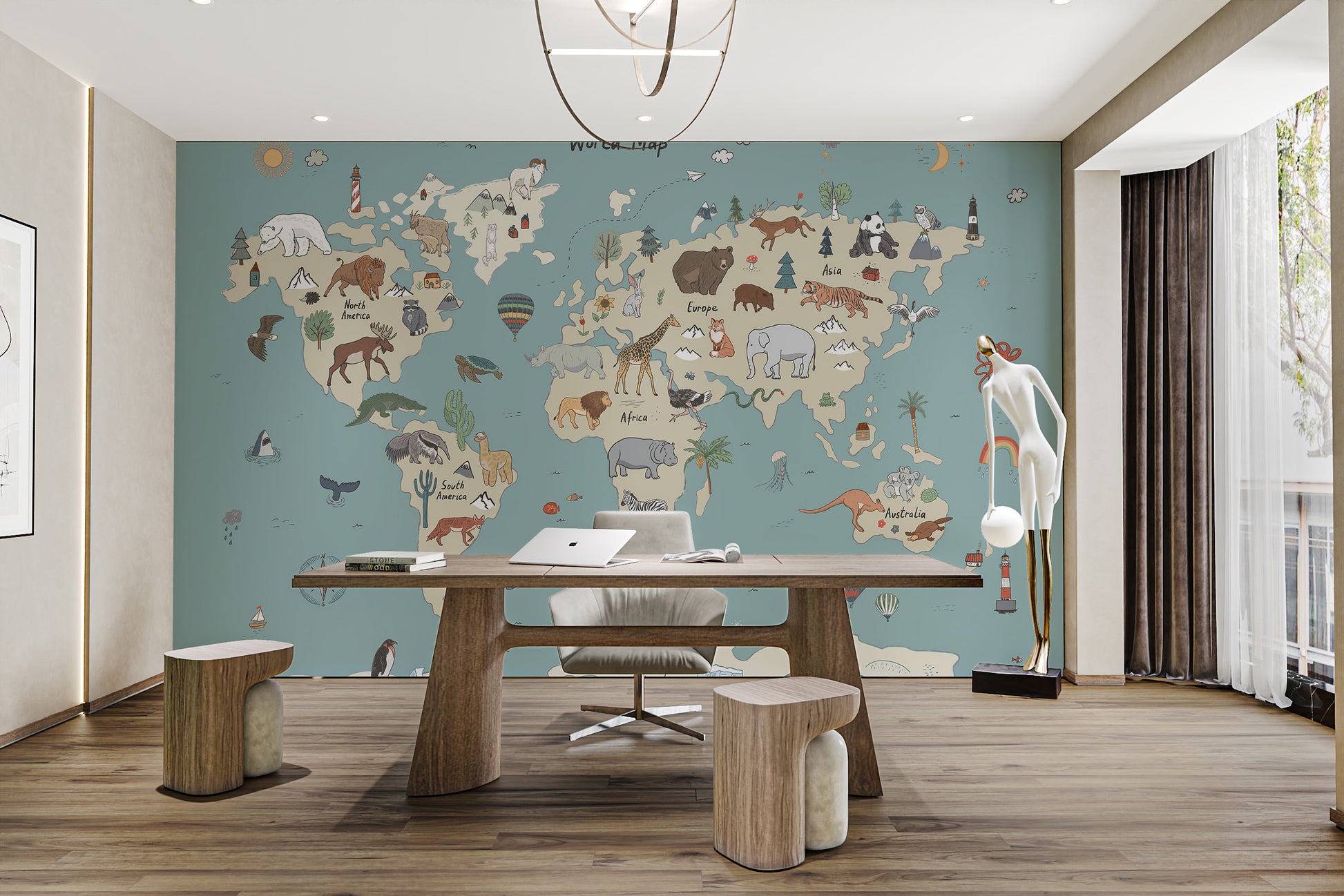 Vibrant global wildlife mural for adventurous room design