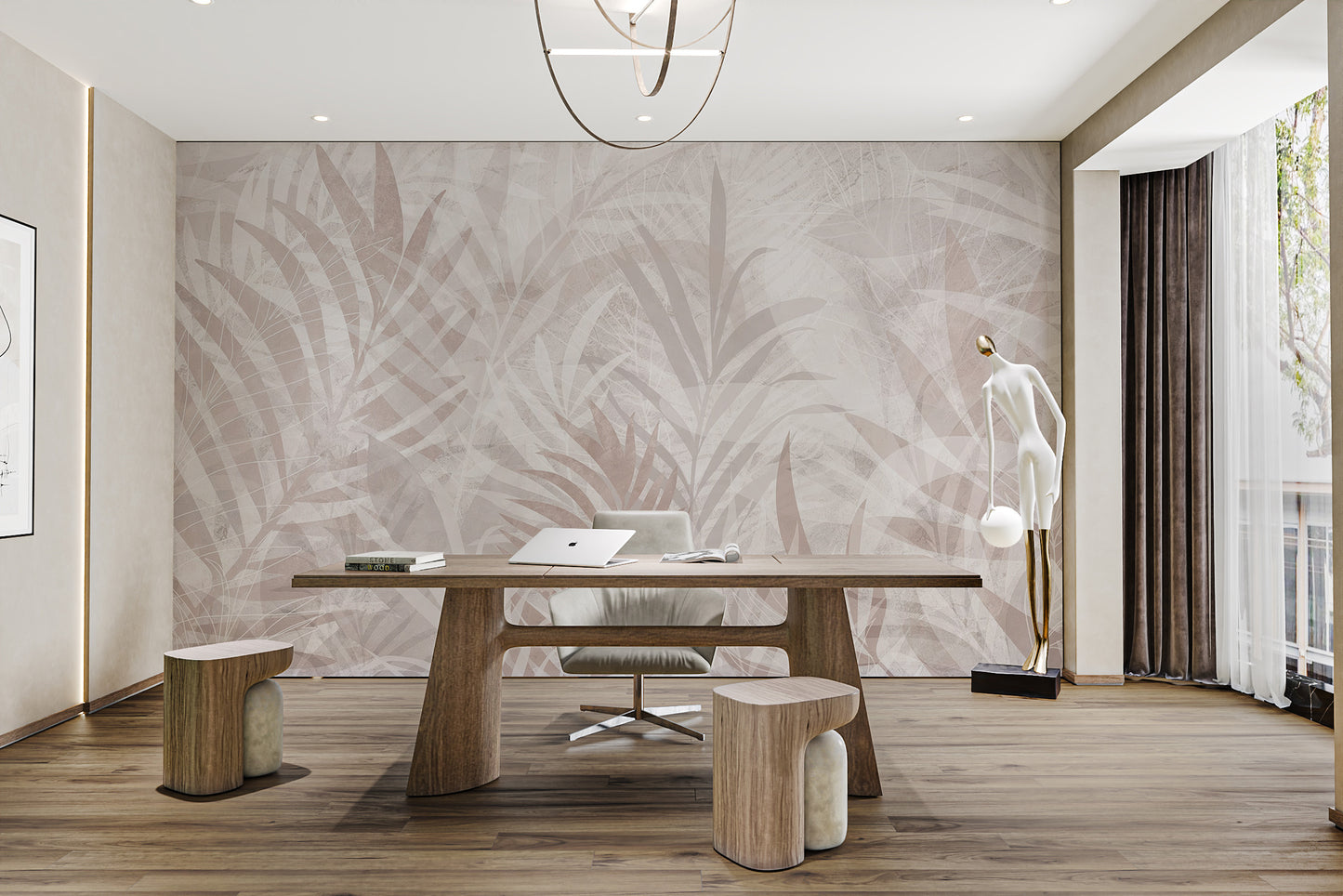 Self-adhesive leaf wallpaper with natural tones for walls