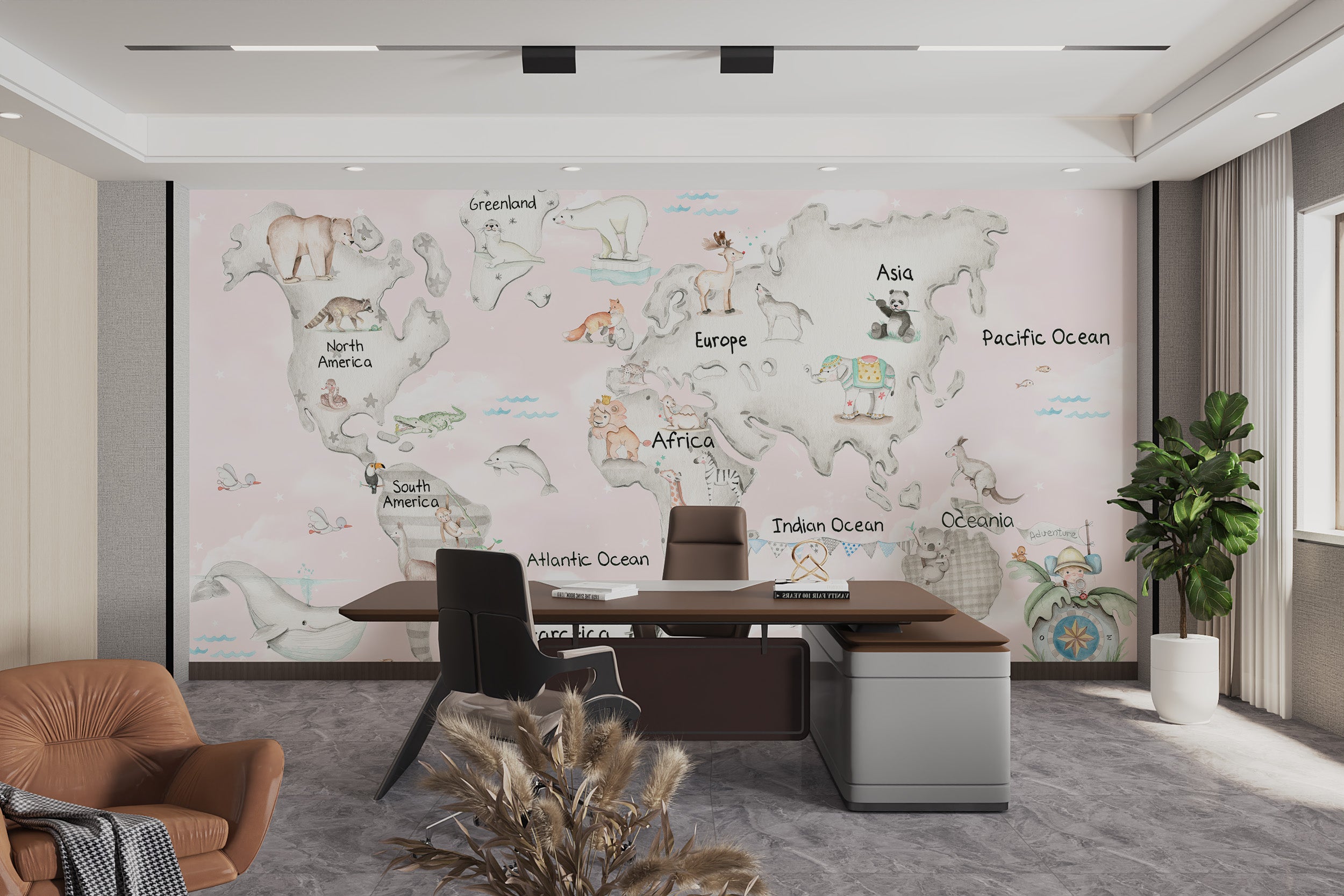 Self-adhesive global wildlife wallpaper for interiors