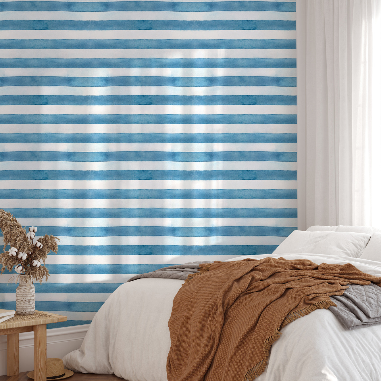 Beautiful Blue and White Watercolor Stripe Wallpaper